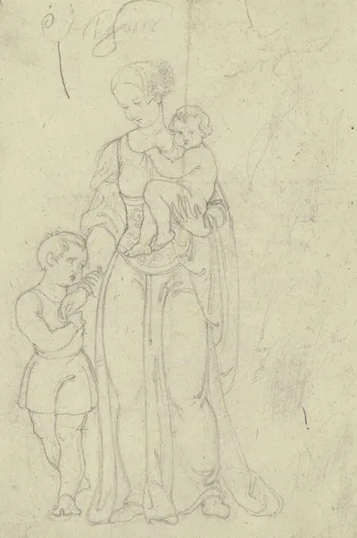 Frau im Renaissance-Habit mit einem Kind auf dem Arm und einem Jungen zu ihrer Rechten by Eugen Eduard Schäffer — digital…