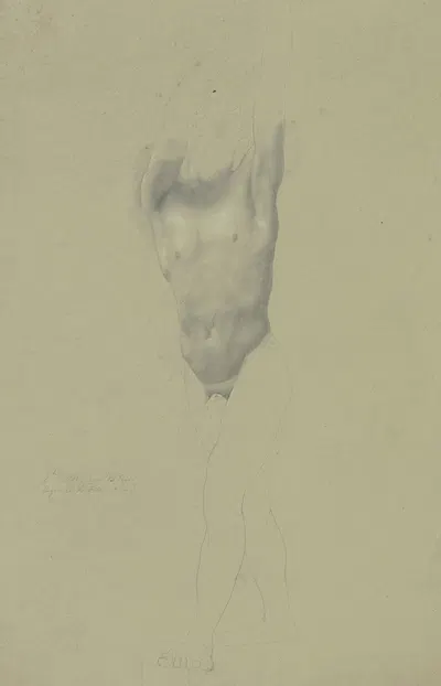 Männlicher Akt, mit erhobenen Händen nach links schreitend by Eugen Eduard Schäffer — digital art print download