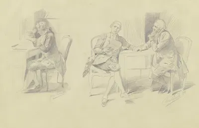 Studienblatt; Ein Mann schreibt einen Brief; ein Mann liest einem anderen einen Brief vor by Евген Климш, 1884 — digital…