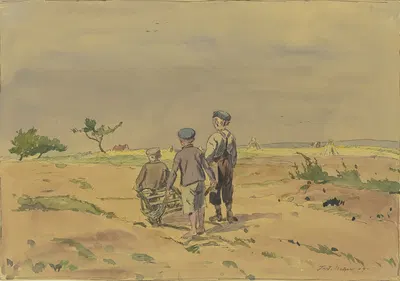 Kinder mit Schubkarren auf einem Landweg by Фердинанд Бальцер, 1909 — digital art print download