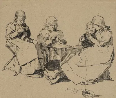 Im Waisenhaus, vier strickende Mädchen by Фердинанд Бальцер, 1898 — digital art print download