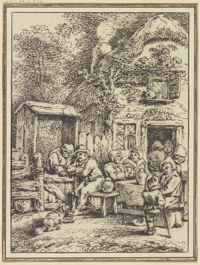 Bauerngruppe vor einem Haus bei Unterhaltung und Trunk by Ferdinand Kobell — digital art print download