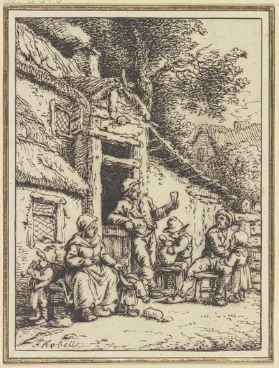 Bauernpaar mit fünf Angehörigen vor einem Haus by Ferdinand Kobell — digital art print download