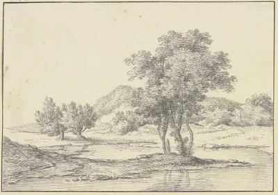 Baumgruppe am Wasser, links zwei Weidenbäume, im Hintergrund Berge by Ferdinand Kobell — digital art print download