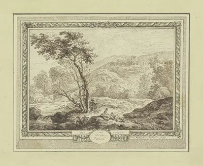Gebirgslandschaft mit einer Ruine und zwei unter einem Baum ruhenden Wanderern by Ferdinand Kobell, 1789 — digital art…