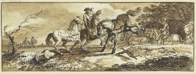 Reiter mit zwei Handpferden, eines schlägt aus, im Hintergrund ein Fuhrwerk und andere Reiter by Ferdinand Kobell, 1775 —…