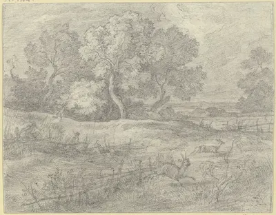 Baumbestandene Wiesenlandschaft, über die Jäger fliehende Rehe verfolgen by Иоганн Генрих Фердинанд Оливье, 1840 — digital…