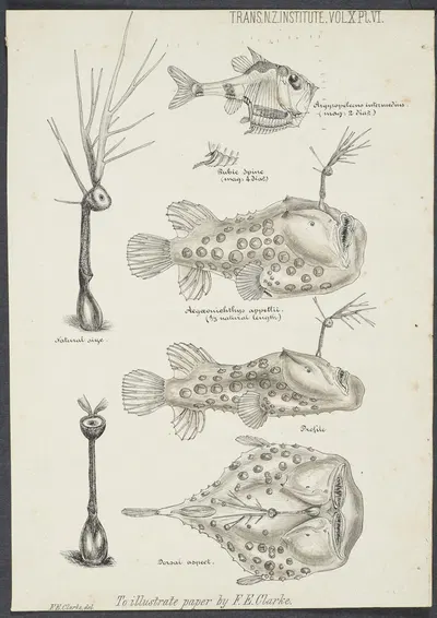 Illustrations of Argyropelecus intermedius ; Aegæonichthys appellii ; profile and dorsal aspect by Frank Edward Clarke —…