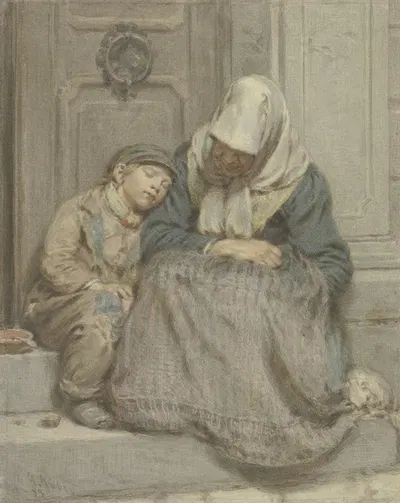Frau mit Knabe vor einer Türe schlafend by Angilbert Göbel, 1853 — digital art print download