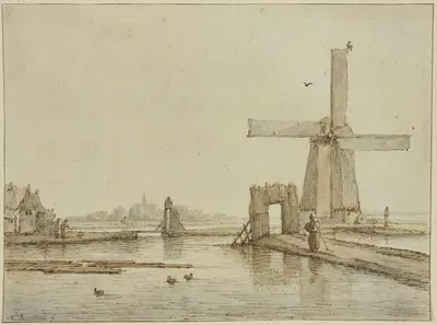 Windmühle auf einem schmalen Damm, vorne drei Enten by Антони ван Борссом — digital art print download