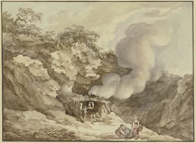 Gebirgslandschaft, in der Mitte ein Brennofen, von dem eine Rauchwolke aufsteigt by Карл Кунц — digital art print download