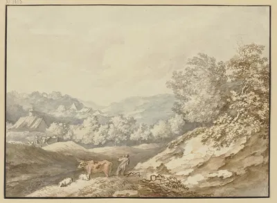 Mittelgebirgslandschaft mit einem Dorf im Mittelgrund by Карл Кунц — digital art print download