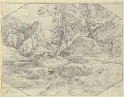 Landschaft mit Bäumen und Felsen by Иоганн Генрих Фердинанд Оливье, 1840 — digital art print download