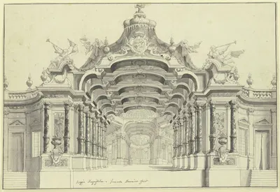 Eine große Halle mit einem Baldachin überbaut, unter welchem ein Wappen zu sehen ist, rechts und links zwei Faune in…