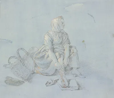 Mädchen, einem Strumpf oder Stiefel anziehend by Франческо Лондоньо — digital art print download