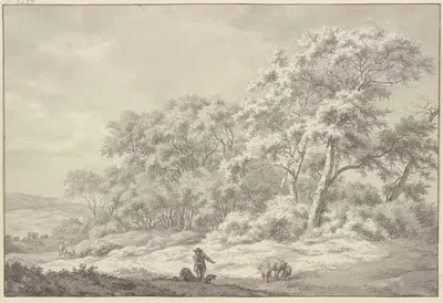 Am Waldesrand einige Schafe, vorn zwei Hirten und ein Hund by Franciscus Andreas Milatz — digital art print download