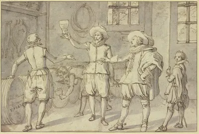 Ein Kavalier gefolgt von seinem Pagen, der seinen Degen trägt, lässt in einem Keller Wein probieren by Франс Франкен…