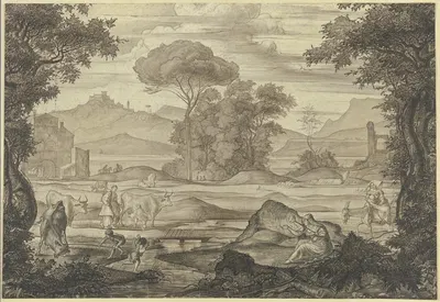 Stilisierte italienische Landschaft mit Figuren und Vieh, im Vordergrund eine Frau mit Spinnrocken by Франц Теобальд Хорни…