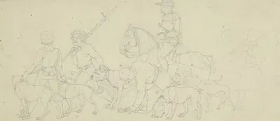 Ein Ritter zieht mit Knechten und vielen Hunden zur Jagd by Франц Пфорр — digital art print download