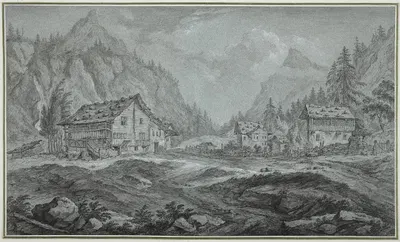 Gebirgstal mit Bauernhäusern (Amsteg im Kanton Uri) by Franz Schütz — digital art print download