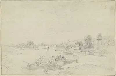 Der Main bei Sachsenhausen, rechts die Stadtmauer, im Vordergrund Boote by Franz Schütz — digital art print download