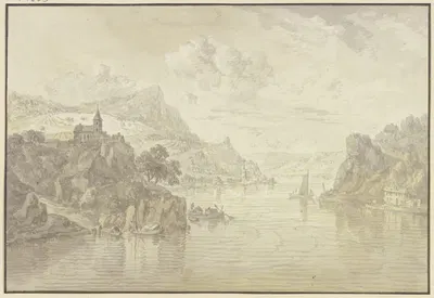 Blick in ein Flusstal mit felsigen Ufern, links auf einem Felsen eine Kirche by Franz Schütz — digital art print download