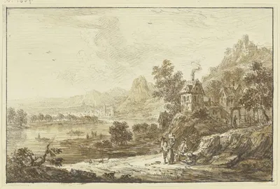 Flussgegend, rechts ansteigendes Gebirge, im Vordergrund bei einem Dorf drei Figuren by Franz Schütz — digital art print…
