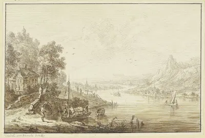 Flusslandschaft, rechts ansteigendes Gebirge, links ein Haus mit einer Brücke, bei der ein Boot landet by Franz Schütz —…