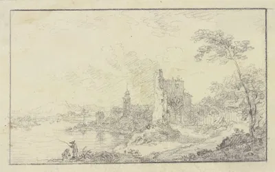 Städtchen an einem Fluß mit der Ruine eines Torturmes by Franz Schütz — digital art print download