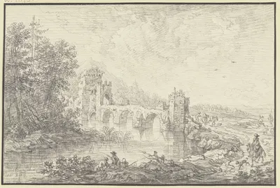 Von Türmen flankierte Brücke, im Vordergrund am Fluß ein Angler und ein Reiter by Franz Schütz — digital art print download