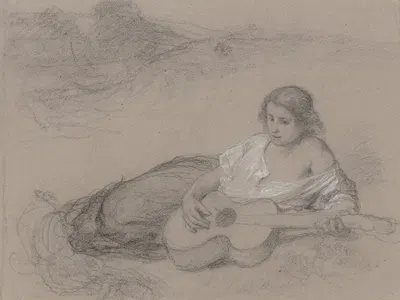 Lagernde junge Frau mit Gitarre by Фридрих Карл Хаусманн — digital art print download