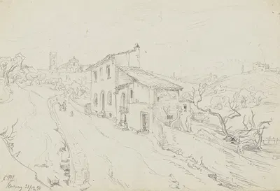 An einem Haus vorbeiführende Landstraße, im Hintergrund San Miniato al Monte in Florenz by Friedrich Metz, 1850 — digital…