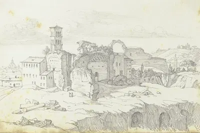 Blick auf den Tempel der Venus und der Roma sowie über den Campo Vaccino des Forum Romanum in Rom by Фридрих Мосбруггер —…