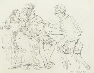 Ein Paar auf einem Sofa unterhält sich mit einem Narren by Фридрих Мосбруггер, 1827 — digital art print download
