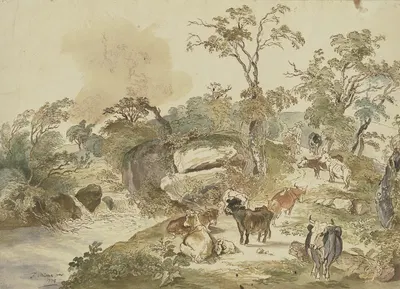 Rinderherde an einem Bach, im Hintergrund der Hirte by Friedrich Müller, 1774 — digital art print download
