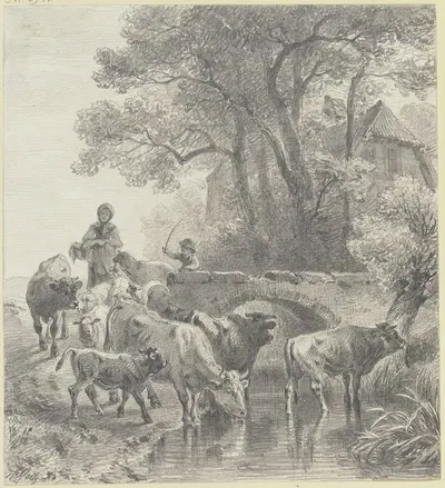 Eine zur Tränke getriebene Viehherde by Фридрих Вольц, 1865 — digital art print download