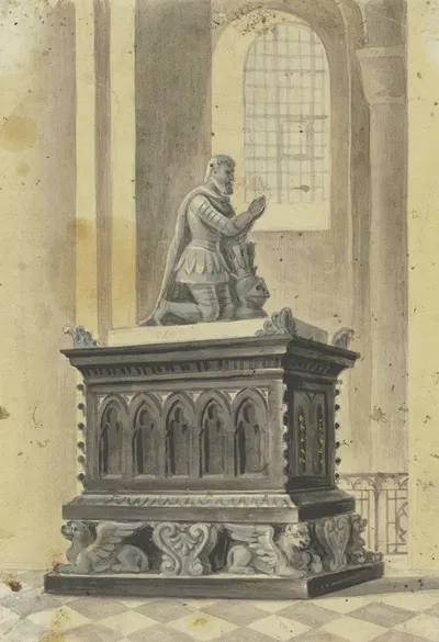 Grabmal in einer Kirche, ein Ritter auf einem Sarkophag kniend by Friedrich von Gärtner — digital art print download