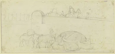 Studienblatt; Reitende Bauern auf einer Brücke, Maultiere und Rinder by Фридрих Васманн — digital art print download