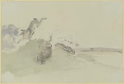 Drei Hasen erschrecken vor der Eisenbahn by Friedrich Wilhelm Keyl — digital art print download