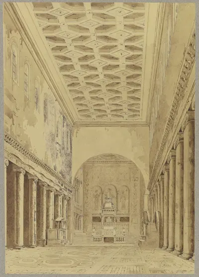 Blick durch das Mittelsschiff zum Altar von S. Lorenzo fuori le mura in Rom by Friedrich Wilhelm Ludwig, 1850 — digital art…