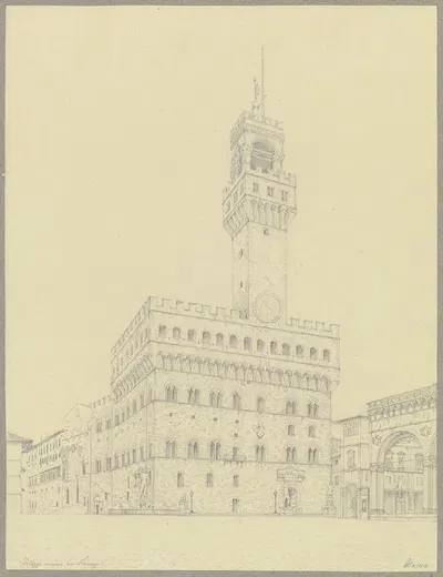 Die Piazza della Signoria mit dem Palazzo Vecchio in Florenz by Friedrich Wilhelm Ludwig, 1851 — digital art print download