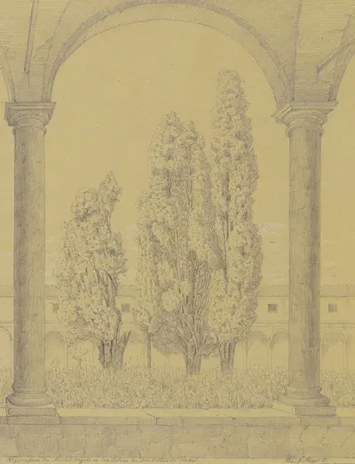 Zypressen im Kreuzgang von S. Maria degli Angeli e dei Martiri in den Diokletiansthermen in Rom by Friedrich Wilhelm…