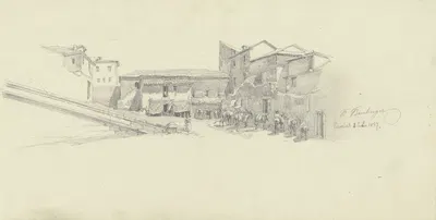 Group of houses with donkeys by Fritz Bamberger, 1857 — digital art print download