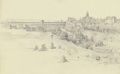 Ansicht von Segovia mit der großen römischen Wasserleitung by Fritz Bamberger, 1857 — digital art print download