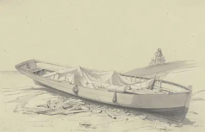 Ein Boot auf dem Strande liegend, in der Ferne drei Figuren by Fritz Bamberger — digital art print download