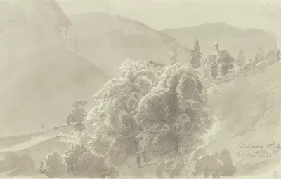 Gebirgslandschaft, im Vordergrund Baumgruppe, aus der ein Kirchturm hervorsieht by Fritz Bamberger, 1854 — digital art…