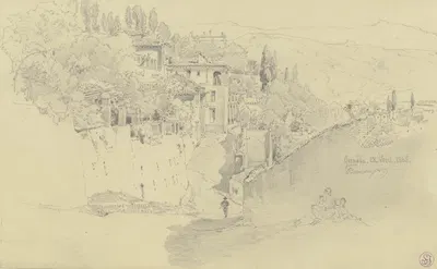 Straßenzug in Granada, im Vordergrund an eine Mauer gelehnt eine Mutter mit zwei Kindern by Fritz Bamberger, 1868 — digital…