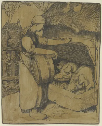 Maid feeding pigs by Фриц Бёле — digital art print download