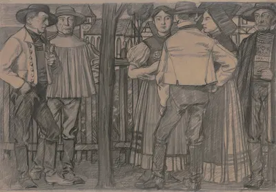 Vier Bauern und zwei Bäuerinnen im Gespräch by Fritz Boehle — digital art print download