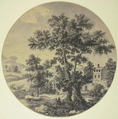 Baumgruppe mit Gebäuden, links zwei Schäfer mit ihrer Herde by Gabriel Pérelle — digital art print download